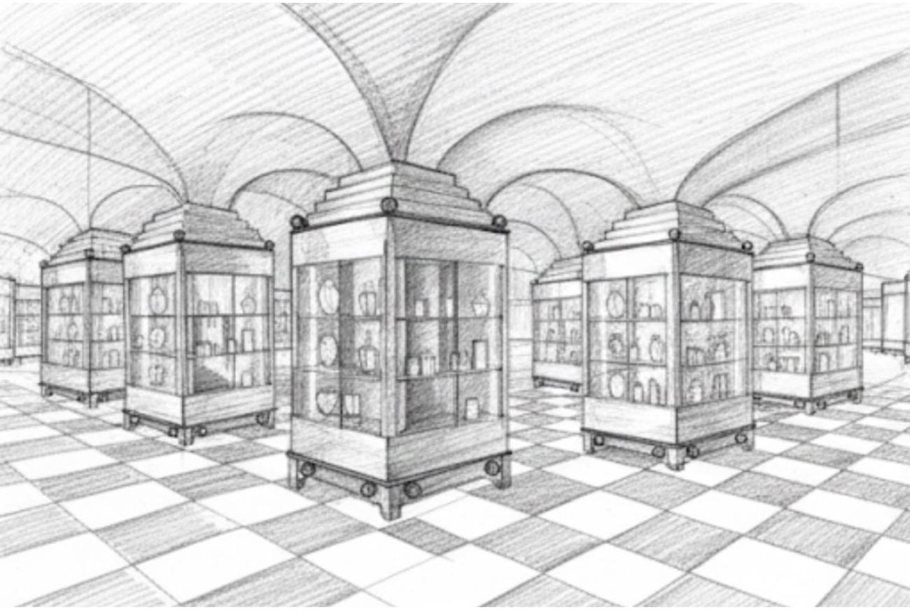 Detailed pencil perspective drawing of a museum gallery with vaulted ceilings, checkered tile floors, and glass display cases arranged in rows, shaded to show depth and architectural form.