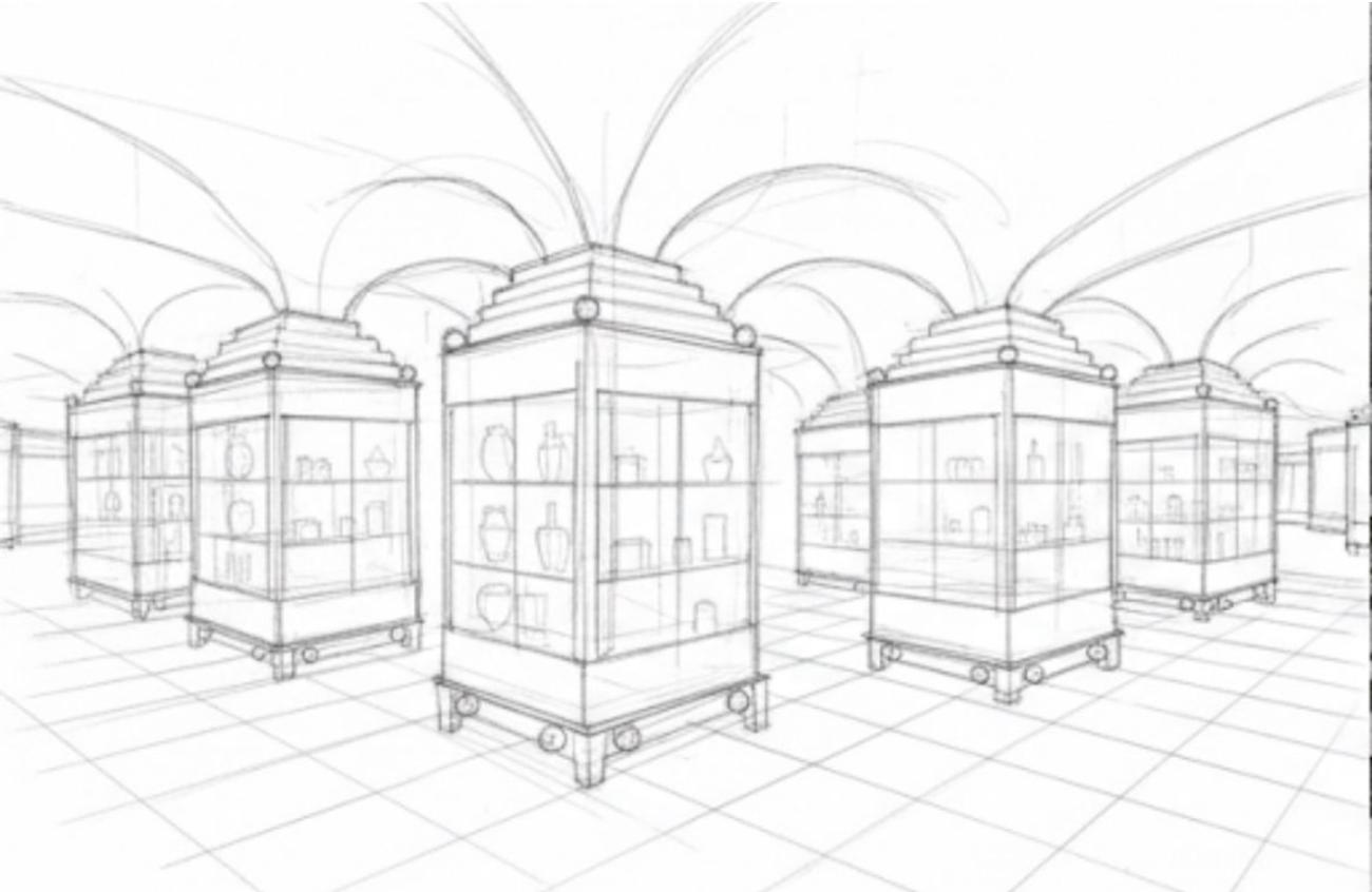 Perspective line drawing of a museum interior featuring arched ceilings, a tiled floor, and multiple glass display cabinets, showing the underlying architectural layout before shading.